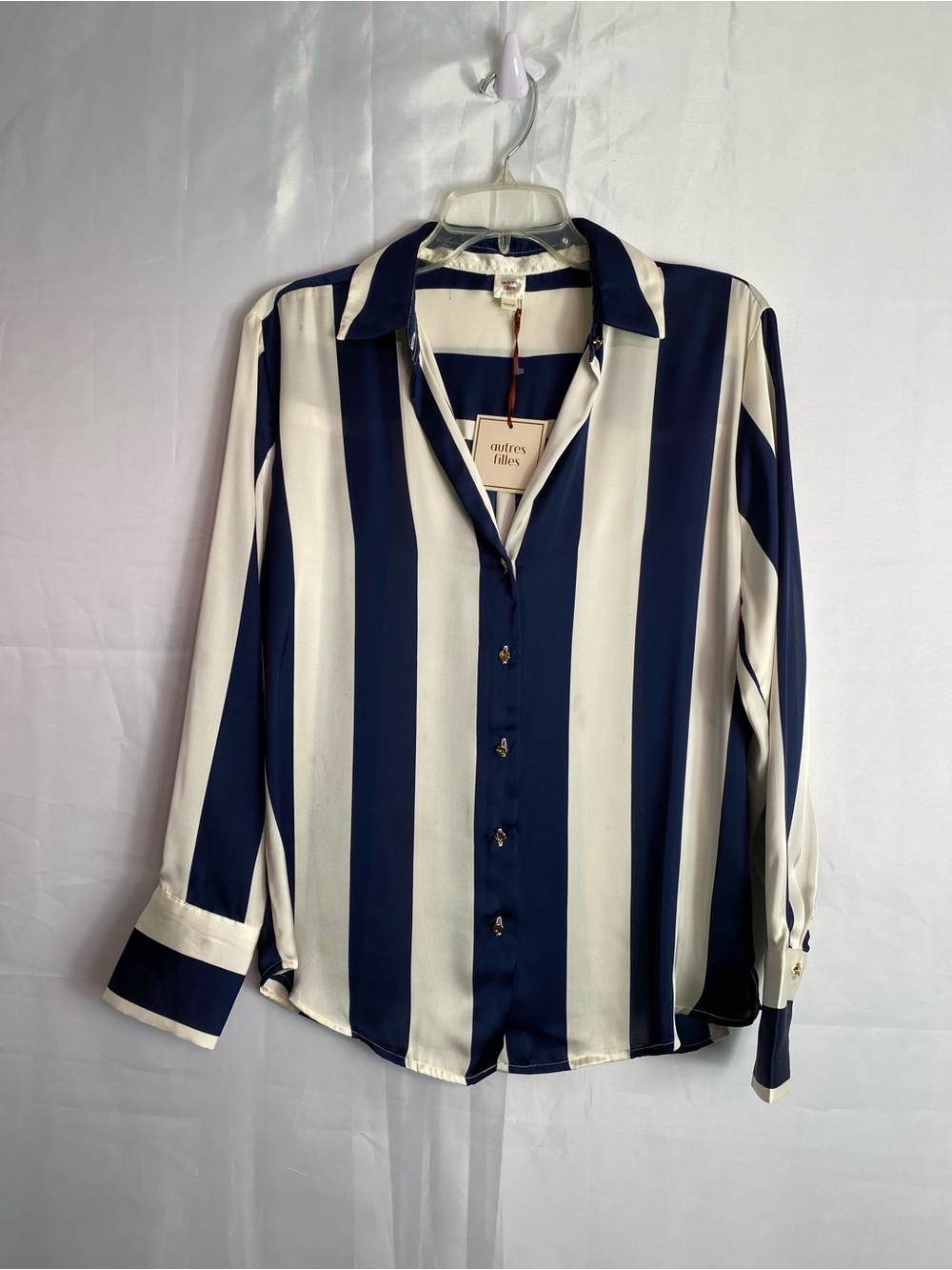 Navy & White Vertical Stripe Button-Down Blouse